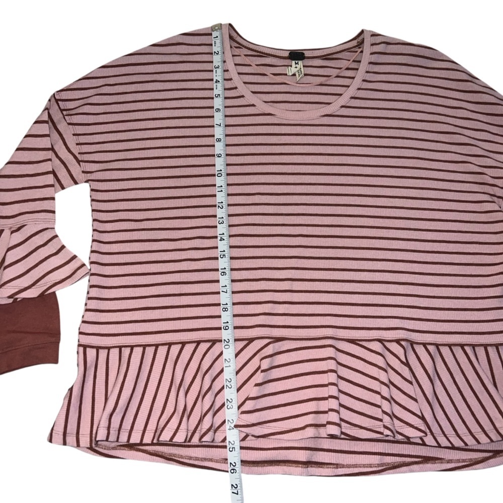 EUC Free People Round About Thermal Peplum LS Tee Stripe Pink Brown Medium - Picture 10 of 10